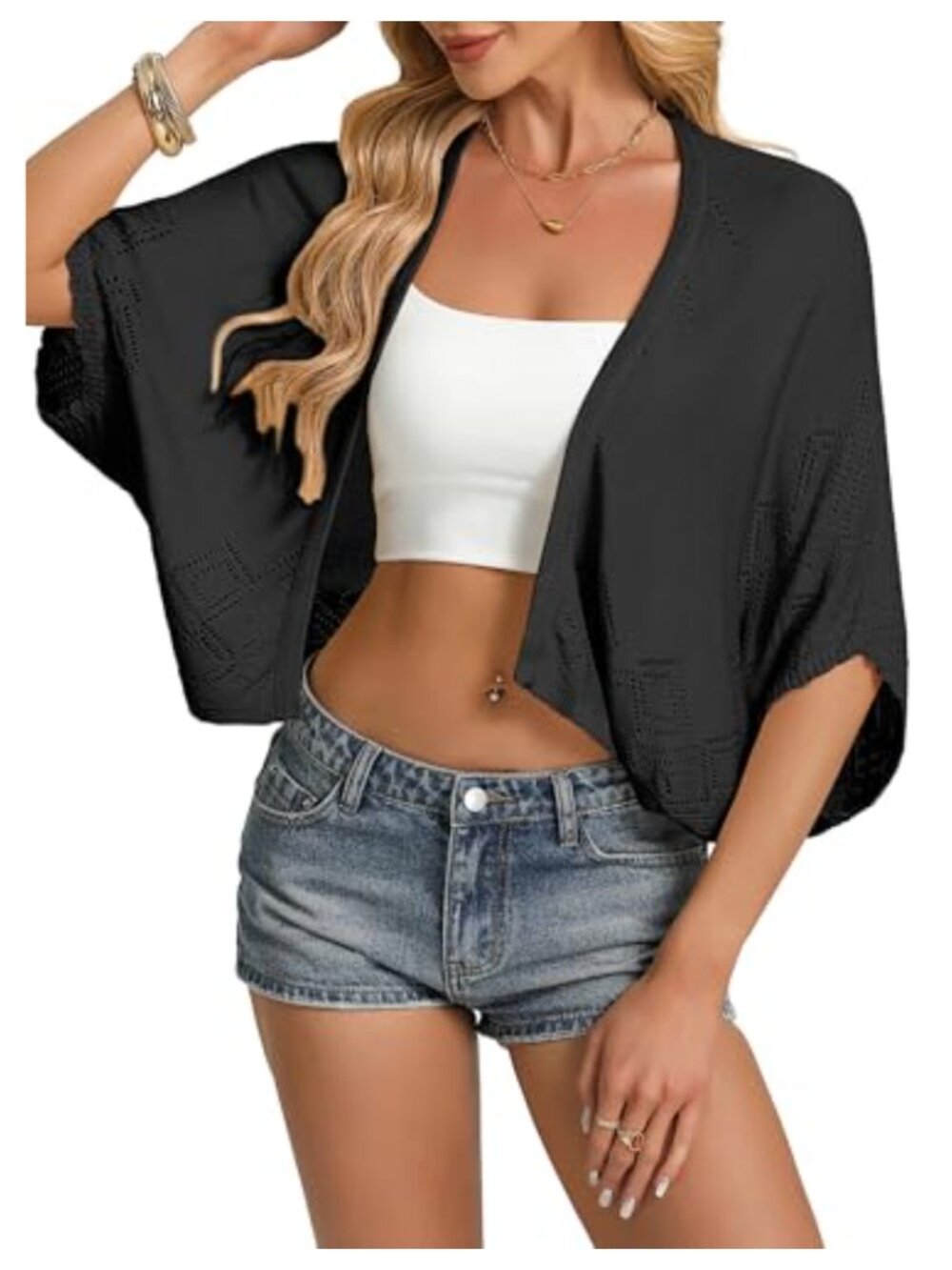 Crochet Cardigan Shrug Open Front Batwing Sleeve V-Neck Lightweight Viscose